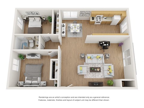 2 Bed 1 Bath Floor Plan at Kling Trio Apartments, California, 91607